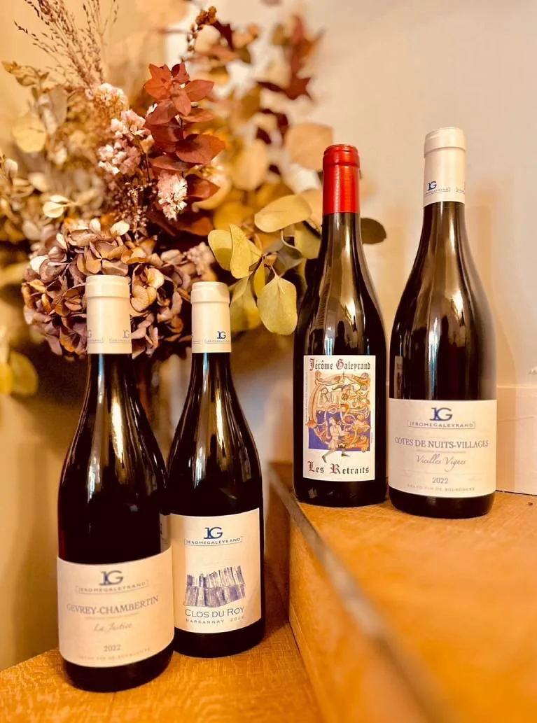 Quatre bouteilles de bourgogne rouge et fleurs séchées sur une étagère