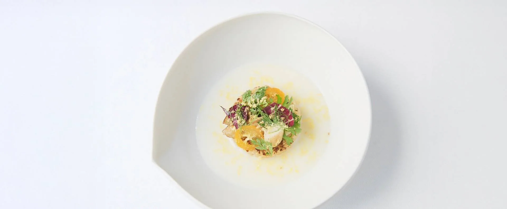 Assiette creuse : pièce snackée, agrumes et herbes fraîches en bouillon crémeux